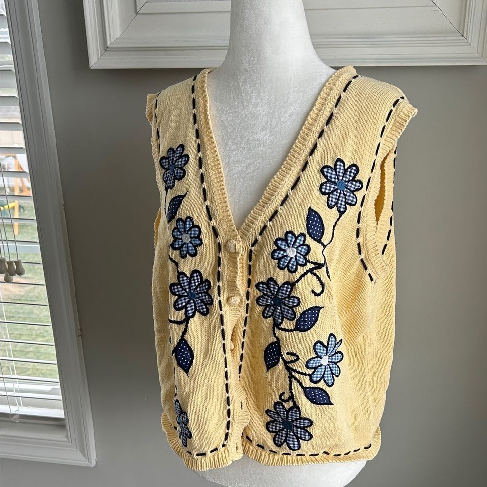 Vintage Spring Hand Embroidered Gingham Navy Yellow Flower Knit Sweater Vest